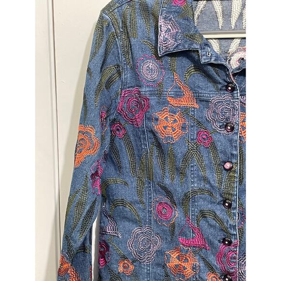 VTG Ann Trinity Linen Blend Denim Jacket Size Large Floral Embroidered Beaded - Picture 3 of 9